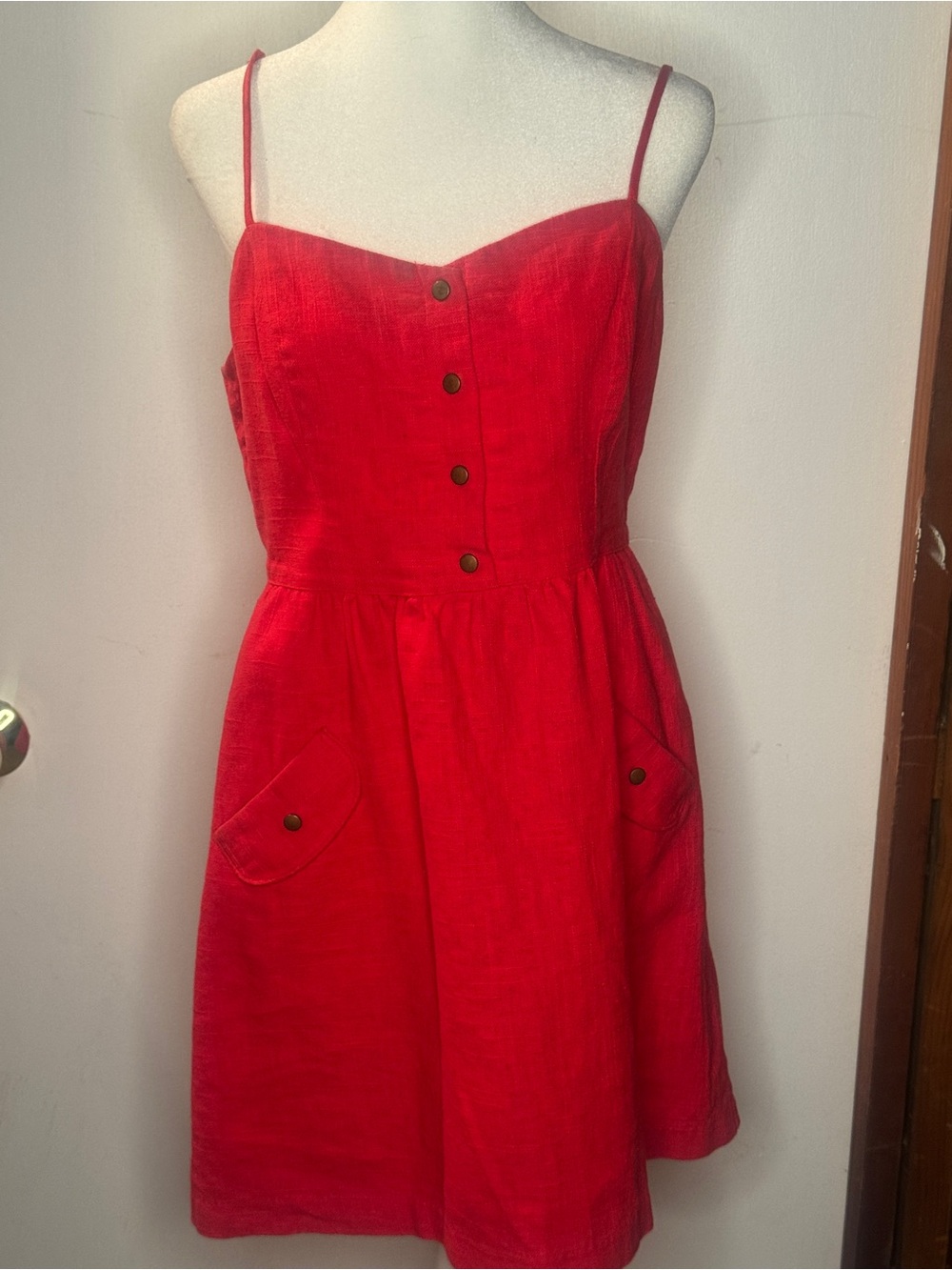 Red Spaghetti-Strap Mini Dress with Button Front